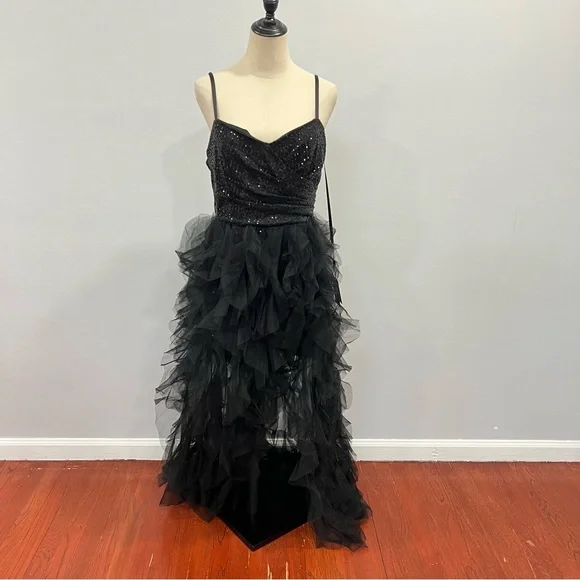 Mac Duggal Black Sequin Mini Gown With High Low Ruffle Tiered Train - Reemoly